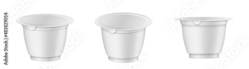 Round plastic pots set with foil cover for dairy products, yogurt, cream, dessert
