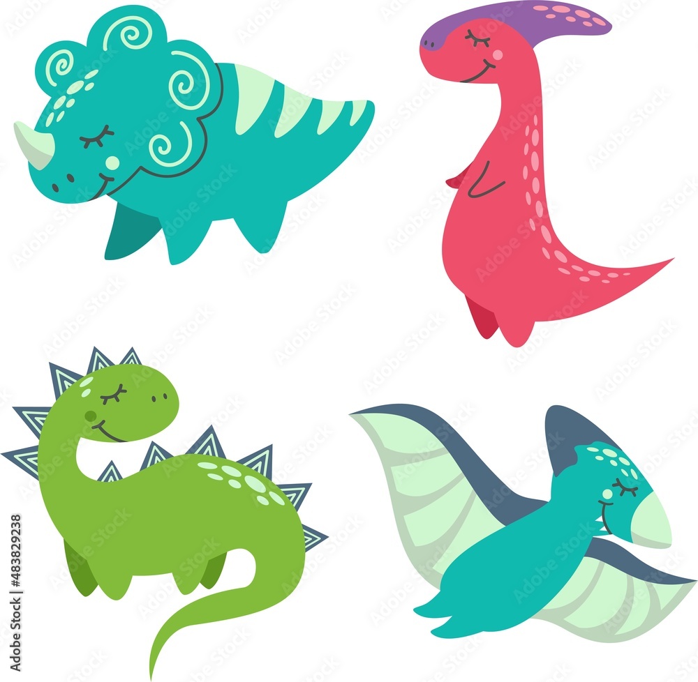 Fototapeta premium Vector set of different dinosaurs. Cute childish illustration. Collection of monsters. Prints for baby clothes