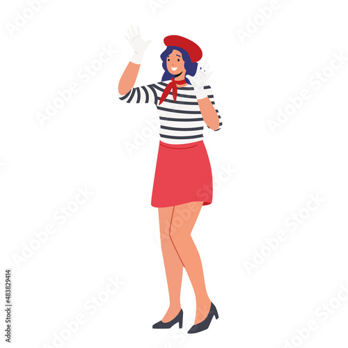 Classic Look French Mime Female Character Showing Pantomime Holding Hands on Invisible Wall Isolated on White Background