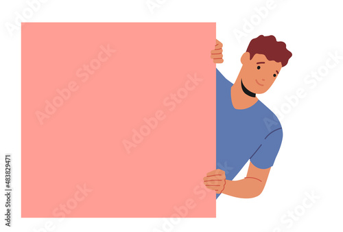 Smiling Male Character Peeping and Peeking from behind of Pink Square Shape. Happy Friendly Man Looking Outside Wall