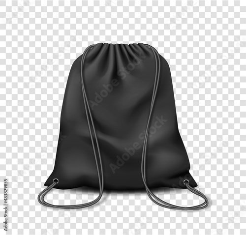 Backpack black mockup bag. Drawstring knapsack isolated pouch on white background