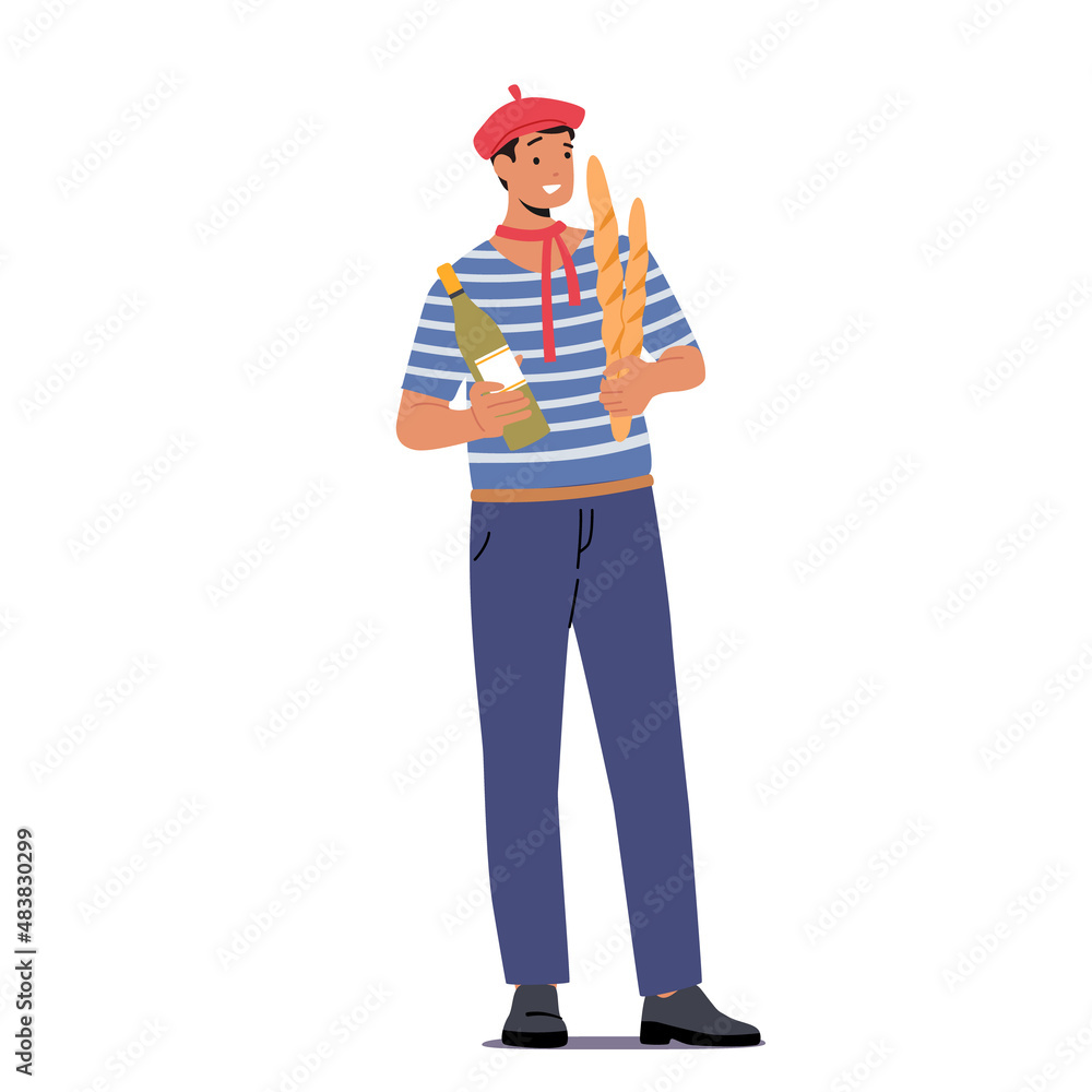 Typical French Man Wear Red Beret and Striped T-shirt Holding Wine Bottle and Fresh Baguettes. Parisian Male Character