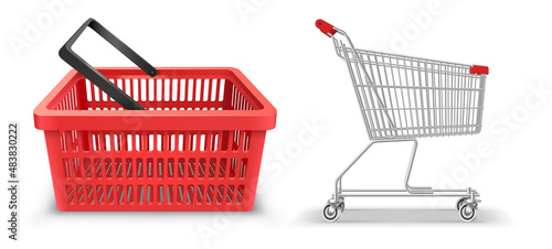 Realistic plastic shopping basket and trolley cart for product carrying in shop, store, supermarket