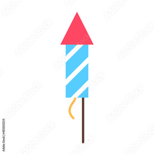 Firework rocket flat icon isolated on white background. Colorful firecracker sign. Carnival festival party event pyrotechnic. Festive object design. Fire cracker symbol decoration vector illustration.