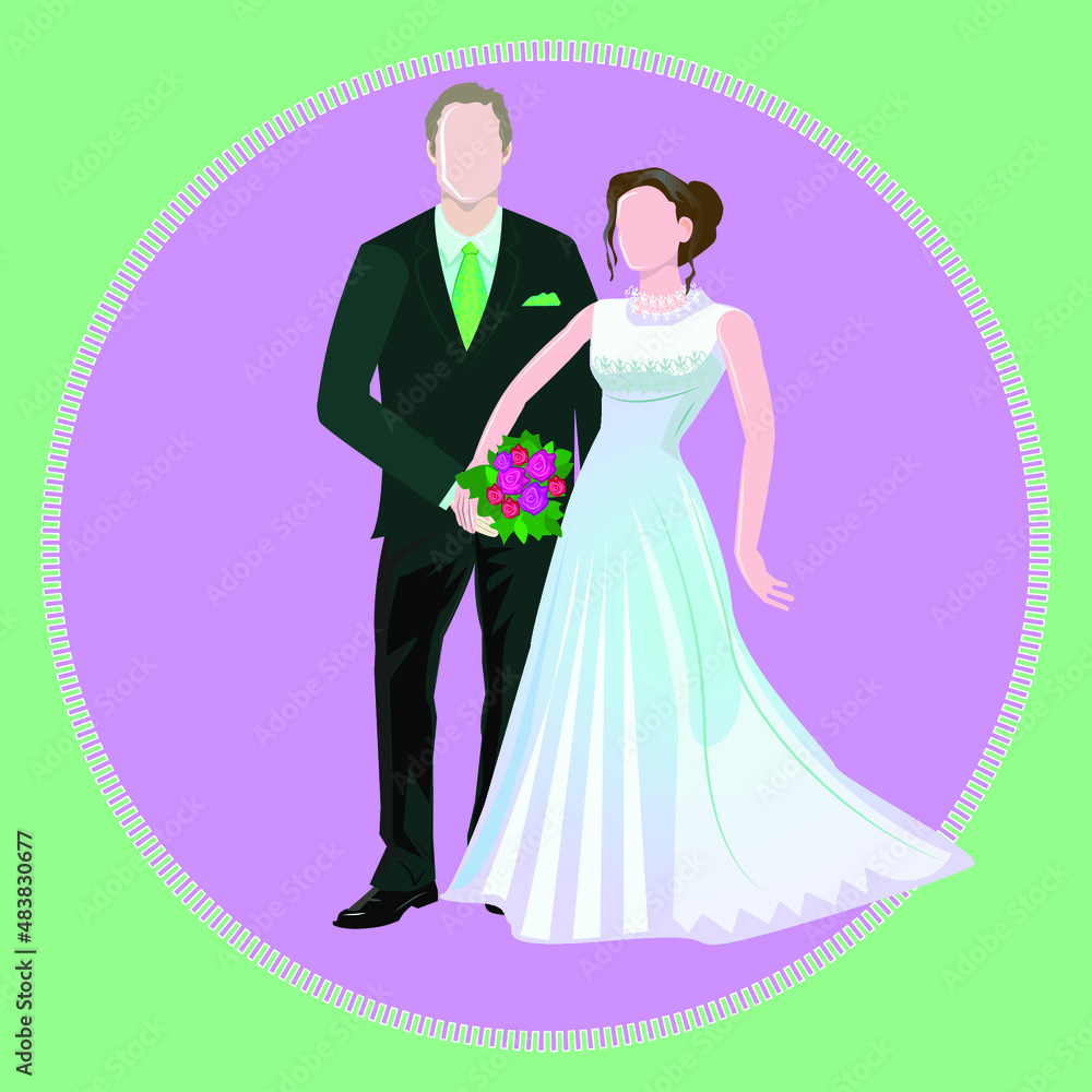 Hochzeit, symbolische Braut und Bräutigam mit Blumenstrauß, vektor illustration