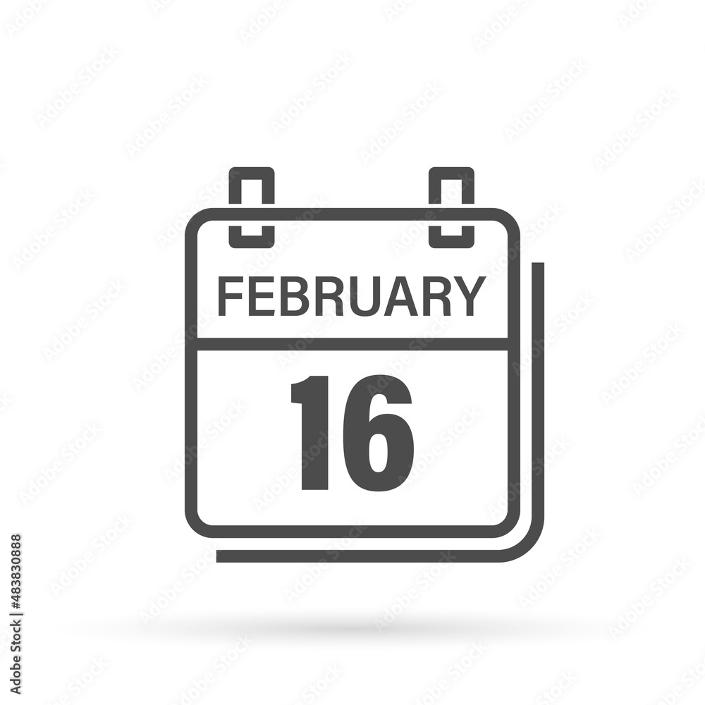 February 16, Calendar icon with shadow. Day, month. Flat vector illustration. February 16, Calendar icon with shadow. Day, month. Flat vector illustration.