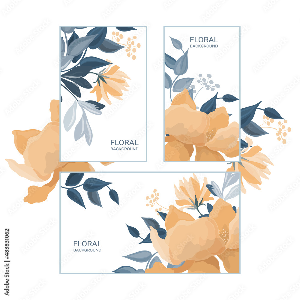 Vector horizontal and vertical banners with yellow-orange flowers and blue-green leaves.