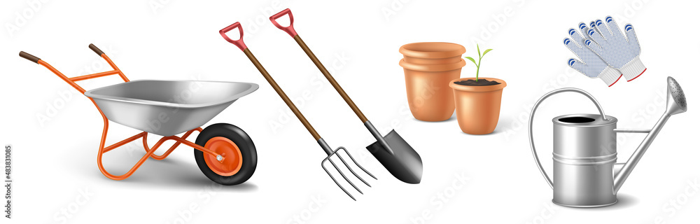 Set of realistic gardening tools wheelbarrow, shovel, pitchfork, gloves, flower pots, watering can Set of realistic gardening tools wheelbarrow, shovel, pitchfork, gloves, flower pots, watering can