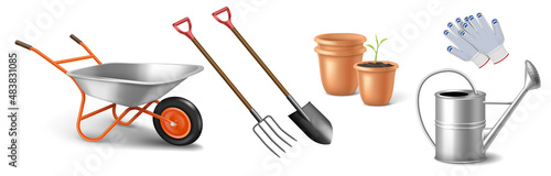 Set of realistic gardening tools wheelbarrow, shovel, pitchfork, gloves, flower pots, watering can