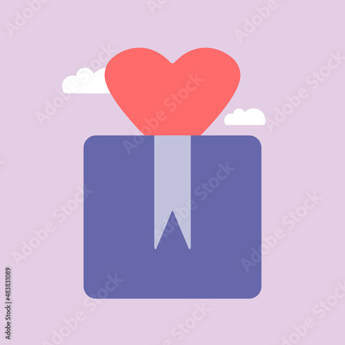 Open gift box with red heart. Vector illustration. Very peri
