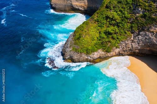 Waves and rocks as a background from top view. Blue water background from top view. Summer seascape from air. Bali island, Indonesia. Travel - image