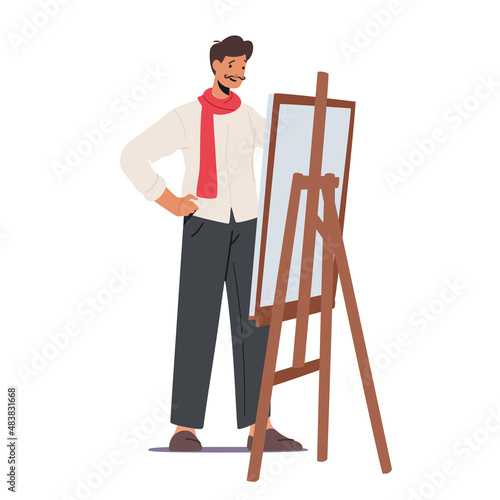 Typical French Street Painter with Dali Mustaches Wear red Scarf Stand at Easel, Man Wearing France Traditional Clothes