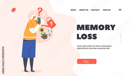 Memory Loss Landing Page Template. Dementia, Alzheimer Disease Concept. Senior Woman Forgot Watering Plants