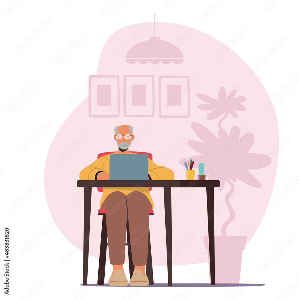 Senior Man Use Computer at Home Interior. Aged Male Character Sitting at Desk with Laptop Looking on Screen Chatting Senior Man Use Computer at Home Interior. Aged Male Character Sitting at Desk with Laptop Looking on Screen Chatting