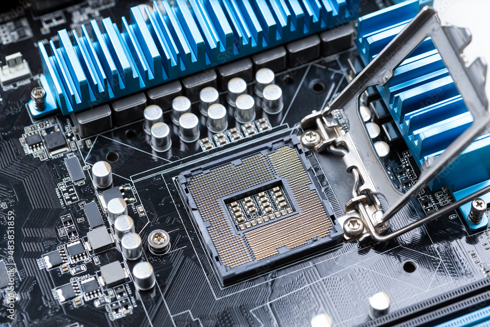 Motherboard close-up. Details for the computer. Motherboard close-up. Details for the computer.