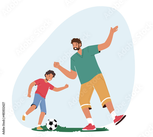 Happy Family Characters Father and Son Playing Soccer on Field. Dad with Little Boy Spend Time Together, Having Fun