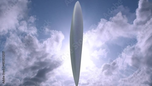 UFO hovers in cloudy sky. Modern animation