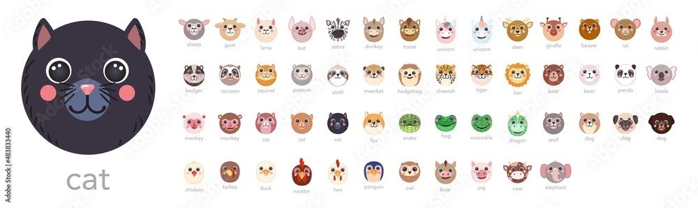 Round Animals Set Cute portraits with names cartoon illustration flat vector cat, dog, lama, unicorn, tiger, bear, rabbit, donkey, frog, hen, sheep isolated on white for UI, app, mobile, kids poster