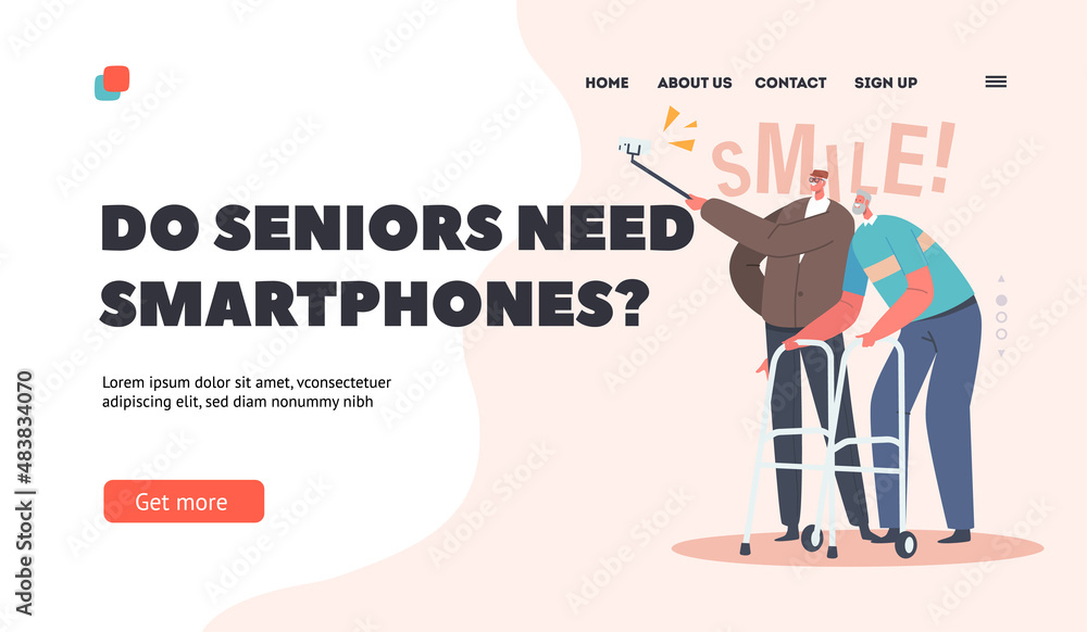 Senior with Smartphones Landing Page Template. Old People Use Smart Devices. Aged Male Characters Make Selfie Senior with Smartphones Landing Page Template. Old People Use Smart Devices. Aged Male Characters Make Selfie