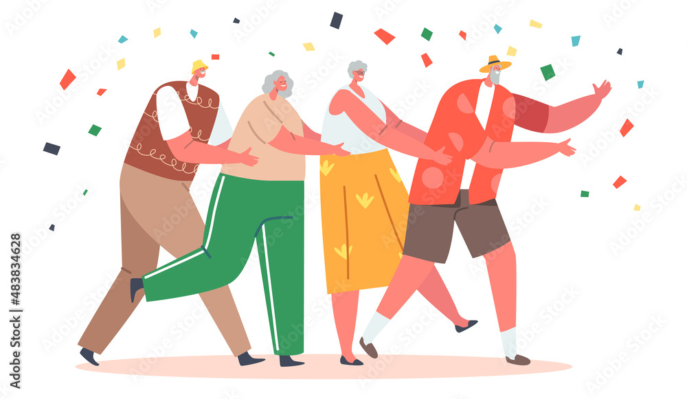 Pensioners Characters Dance in Row, Old People Stand in Line Dancing Conga with Confetti Falling. Elderly Men and Women Pensioners Characters Dance in Row, Old People Stand in Line Dancing Conga with Confetti Falling. Elderly Men and Women