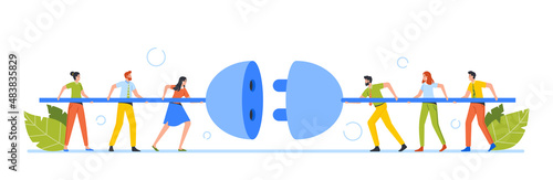 Tiny Business Characters Connecting Huge Plug. Men and Women Connecting Power Socket. Teamwork Cooperation