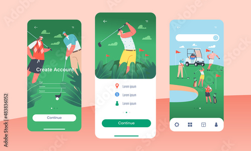 Happy People on Golf Field Mobile App Page Onboard Screen Template. Summertime Sports, Outdoor Fun Activity