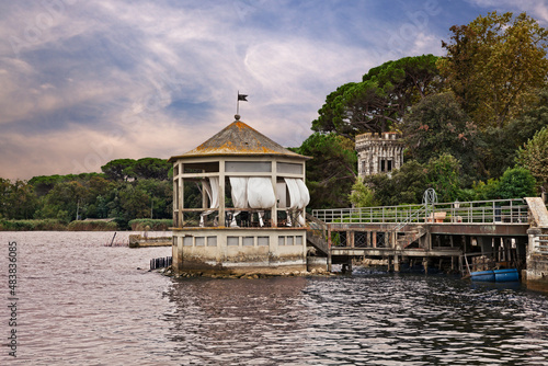 Torre del Lago Puccini, Viareggio, Lucca, Tuscany, Italy: landscape of the Lake of Massaciuccoli with a gazebo and the tower of an ancient villa in the pine forest