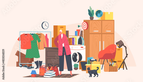 Senior Forgetful Woman Stand at Messy Room with Scatter Household Things. Elderly Female Character at Flea Market