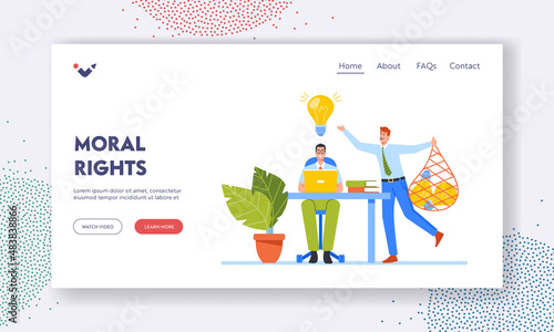 Moral Rights Landing Page Template. Plagiarism Copyright Infringement. Creator Writing Article and Plagiarist Stealing