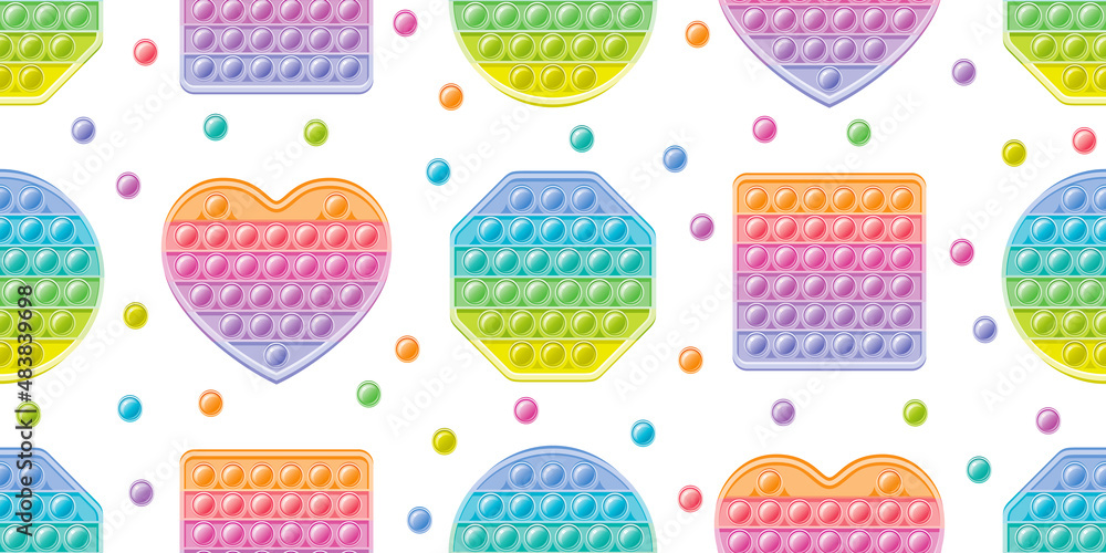 Fidget toy pattern. Popit sensory vector toy. Seamless pastel rainbow popular pop it. 3d soft realistic antistress fidgeting toy. Bubble popit fidget vector. Anti stress sensory cartoon illustration - obrazy, fototapety, plakaty 