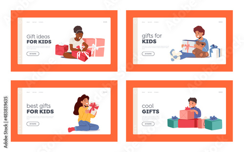 Children with Gifts Landing Page Template Set. Kids Holding, Opening, Getting Christmas, New Year, Birthday Presents