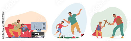 Set Happy Family Characters Dad and Son Spend Time Together Fight on Swords, Play Soccer and Video Games on Tv Console