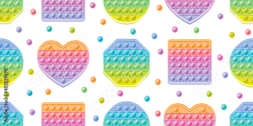 Fidget toy pattern. Popit sensory vector toy. Seamless pastel rainbow popular pop it. 3d soft realistic antistress fidgeting toy. Bubble popit fidget vector. Anti stress sensory cartoon illustration