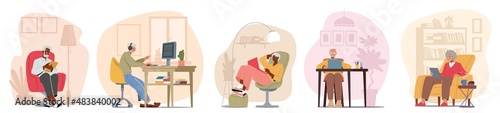 Set of Senior People Using Smart Devices. Aged Male and Female Old Characters Use Gadgets, Grandparents Chatting