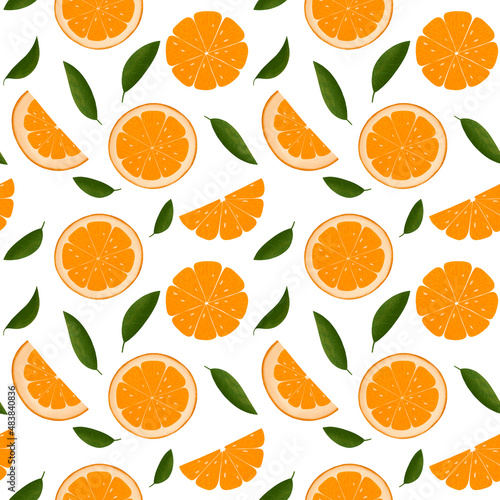 Seamless pattern. Ripe oranges juicy fruits on white background. Sliced and cut citrus fruit