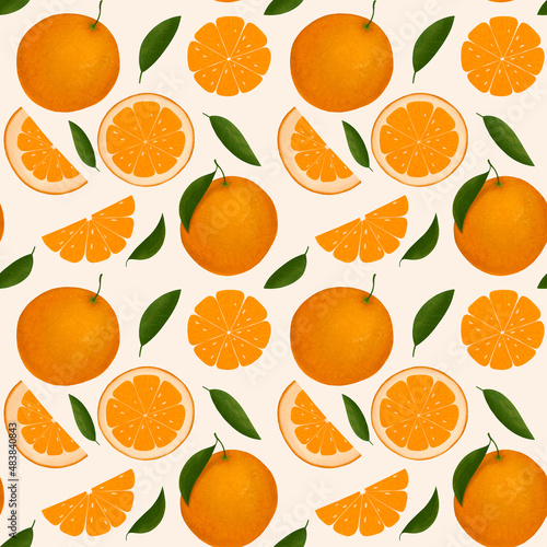 Seamless pattern. Ripe oranges juicy fruits on warm background. Sliced and cut citrus fruit