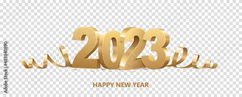 Happy New Year 2023. Golden 3D numbers with ribbons and confetti , isolated on transparent background. photo