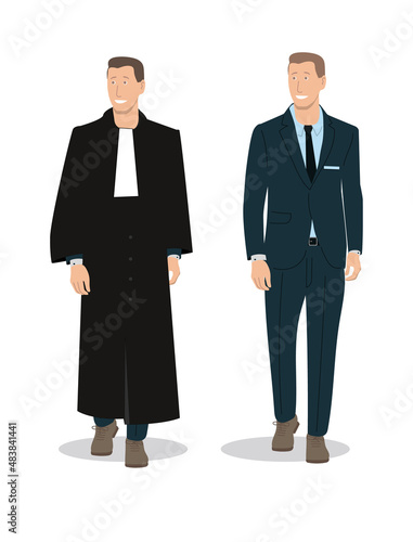 illustration représentant un homme de loi, procureur, magistrat ou bien avocat en robe et en civil. Il travail au ministère de la justice