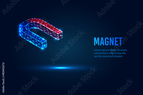 A futuristic low-poly magnet consisting of luminous lines, dots, isolated on a dark blue background. The concept of attraction. Vector illustration.