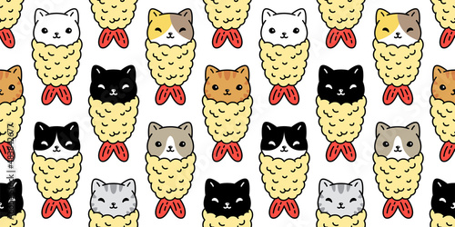 cat seamless pattern kitten vector tempura calico japan food shrimp breed neko cartoon character pet tile background repeat wallpaper doodle illustration design scarf isolated