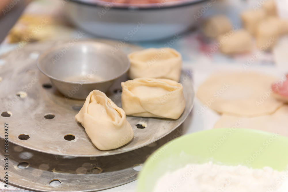 Manti with meat. National traditional food. Dough with meat. Russian food. Manti on a plate. Cook dinner. Manti with meat. National traditional food. Dough with meat. Russian food. Manti on a plate. Cook dinner.
