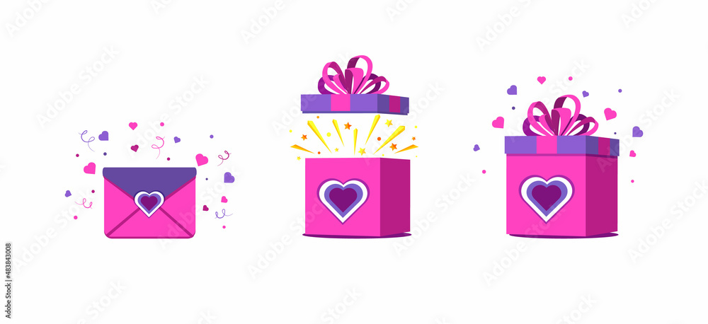 Valentines day. Gift boxes icons set with bow and confetti, love message envelope in trendy veri pery color. Valentines day. Gift boxes icons set with bow and confetti, love message envelope in trendy veri pery color.
