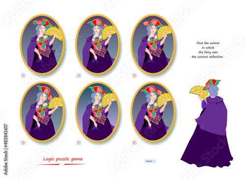 Logic puzzle game for children and adults. Find the mirror in which the fairy sees the correct reflection. Page for brain teaser book. Developing kids spatial thinking. Task for attentiveness.