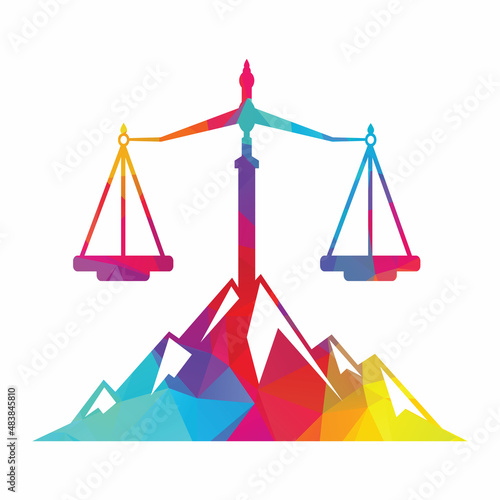 Mountains and symbols of justice. Law scale logo concept design.