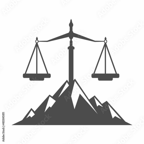 Mountains and symbols of justice. Law scale logo concept design.