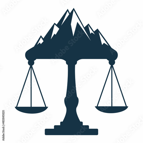 Mountains and symbols of justice. Law scale logo concept design.