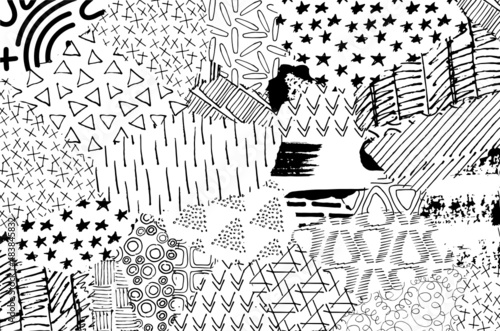 Abstract black strokes, Hand sketched Vector Pattern. Retro abstract pattern in geometric style. Abstract multicolored geometric pattern.	
