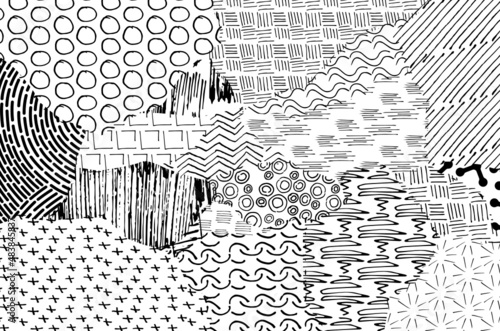 Abstract black strokes, Hand sketched Vector Pattern. Retro abstract pattern in geometric style. Abstract multicolored geometric pattern.	

