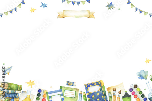Whimsical back to school, education, crafting themed background, banner, with watercolor stationery, stack of books, craft supplies, note pads, diaries and science related items,  space for text