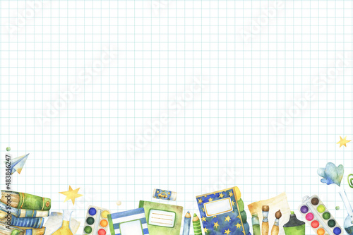 School, preschool, study, learning, education related banner with paper background and whimsical watercolor pencils, brushes, notebooks, stack of books, stars clipart boarder, kids themed graphics